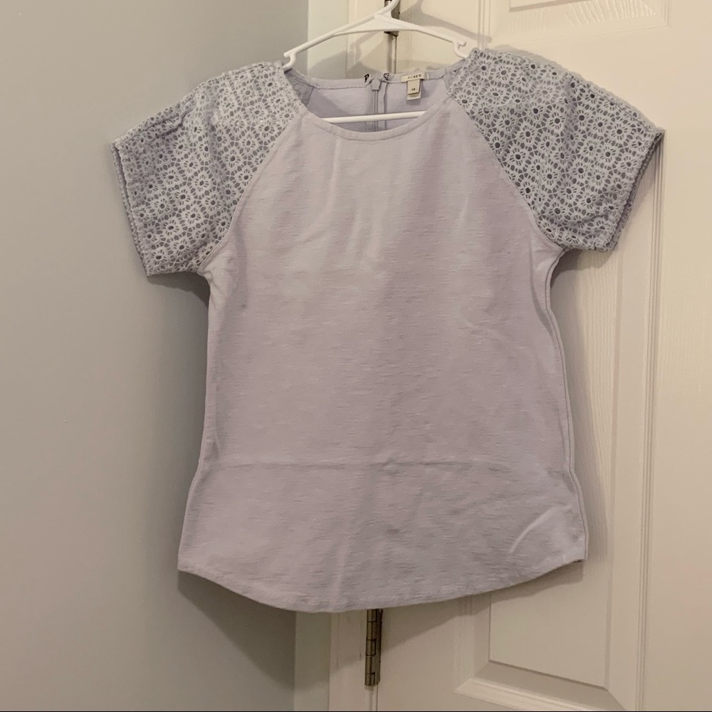 J Crew Baby Blue Cotton Blend Short Sleeve Shirt with Crocheted Sleeves